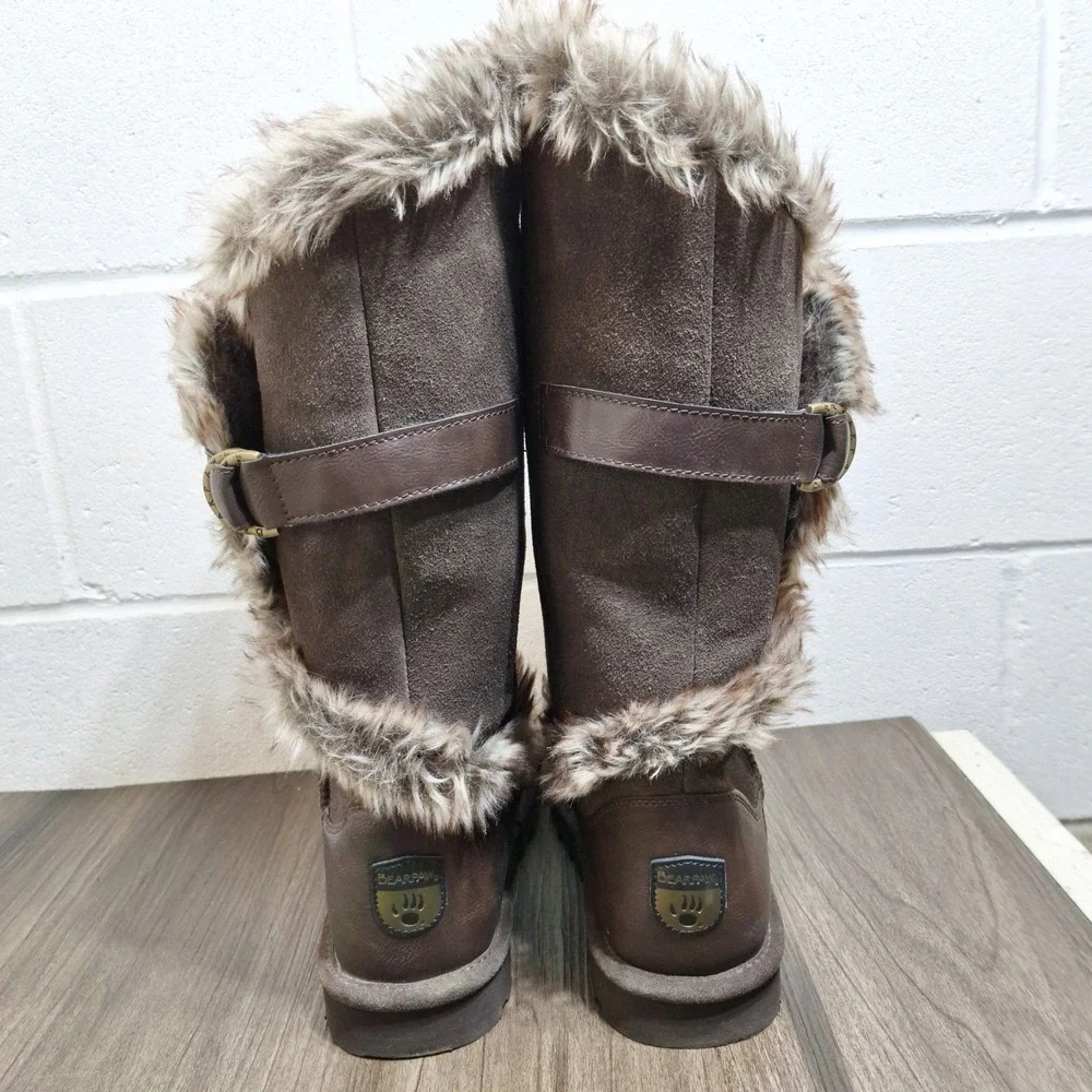 Bearpaw Sheilah Brown Suede Faux Fur Tall Winter Boots Womens 10 2139W